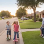 Two kids riding scooters on the sidewalk of a suburban cul-de-sac in Georgetown, Texas as their parents watch from the front porch at sunset.