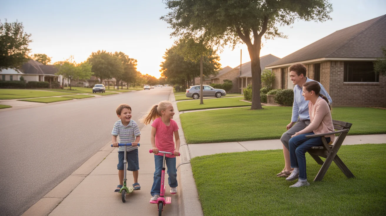 Two kids riding scooters on the sidewalk of a suburban cul-de-sac in Georgetown, Texas as their parents watch from the front porch at sunset.