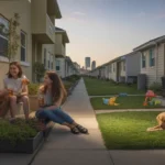 Couple chatting with neighbor in front of Clermont apartment building at dusk