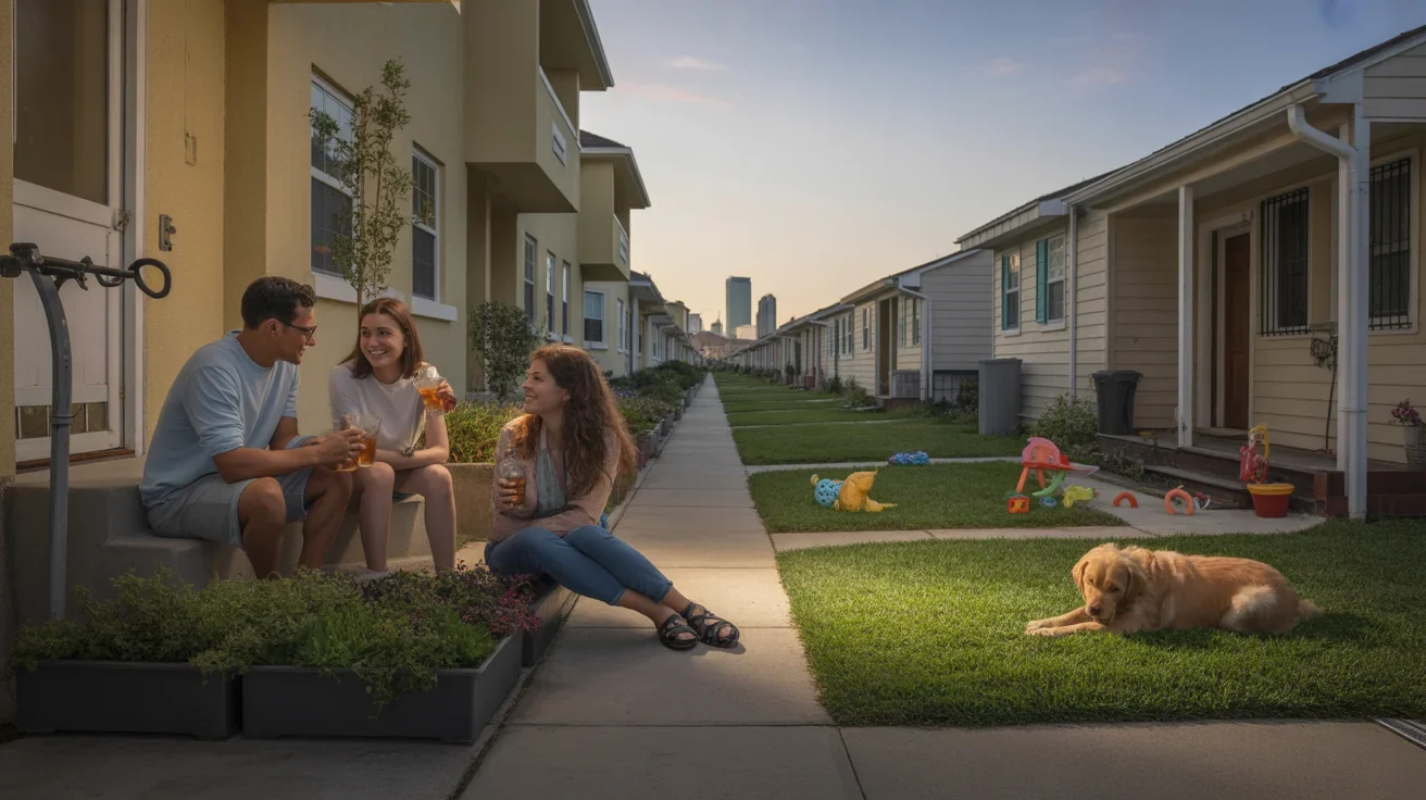 Couple chatting with neighbor in front of Clermont apartment building at dusk
