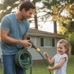Father and young daughter coiling a garden hose together in front yard of their suburban home in Durham at sunset