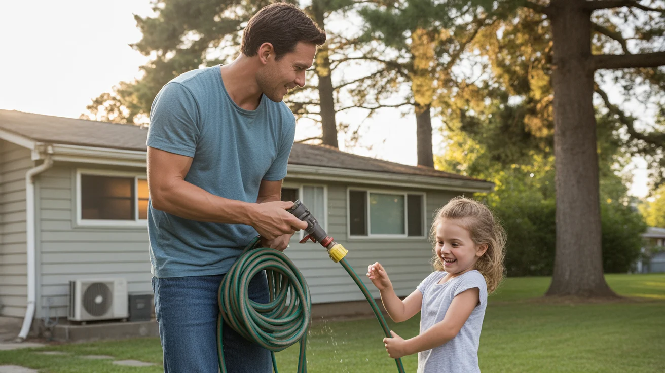 Father and young daughter coiling a garden hose together in front yard of their suburban home in Durham at sunset