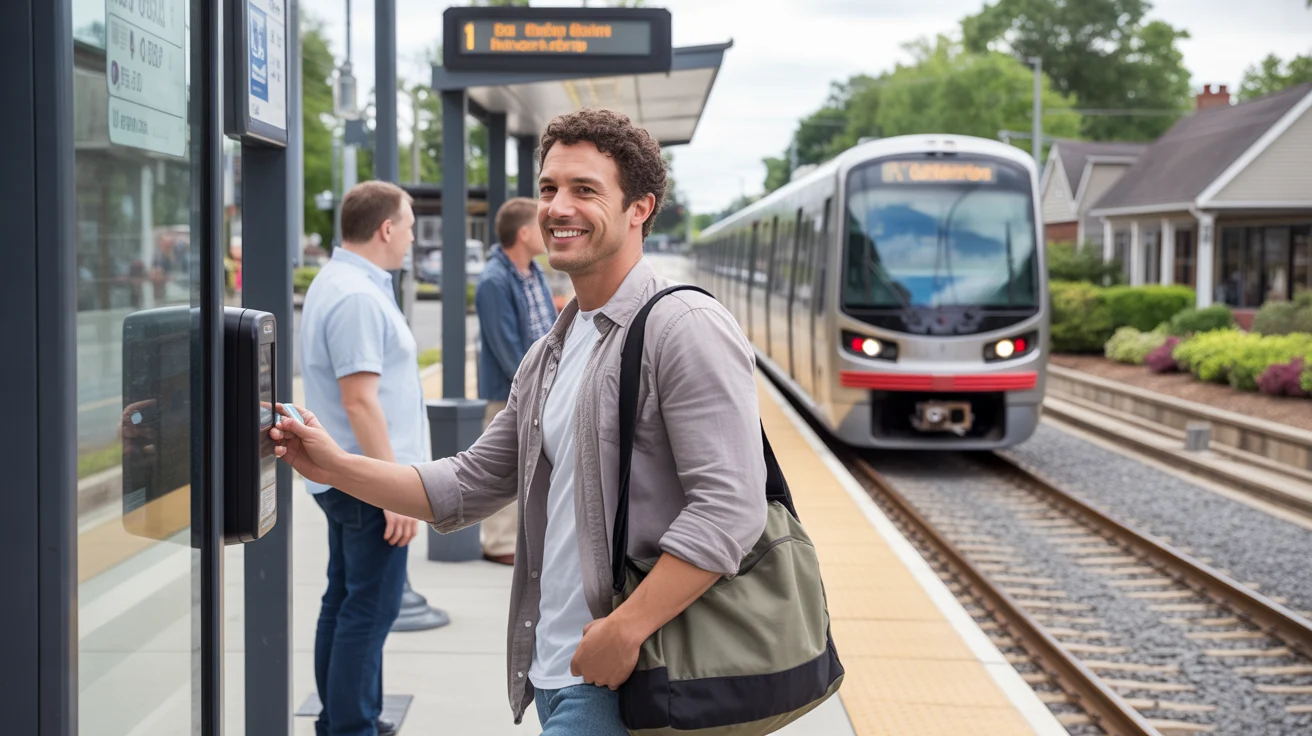 Man tapping transit card at suburban light rail station in Gastonia, NC