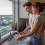Couple washing dishes together at kitchen sink in Plano, TX home at sunset