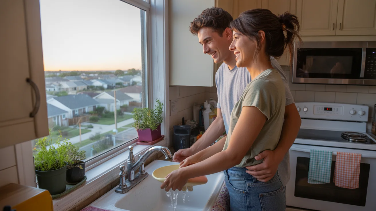 Couple washing dishes together at kitchen sink in Plano, TX home at sunset