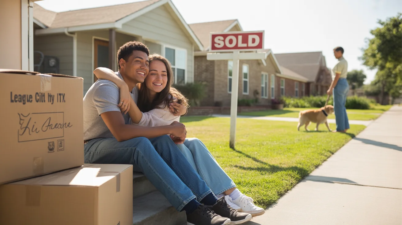 Young couple sitting on front steps of new house in League City Texas