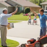 Neighbors in Highlands Ranch wave to each other while starting weekend yardwork and errands on a sunny residential street.