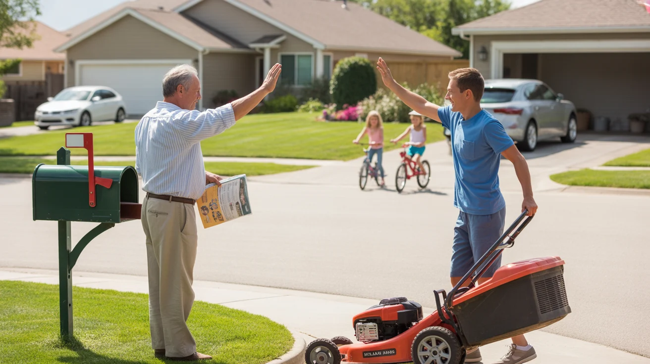 Neighbors in Highlands Ranch wave to each other while starting weekend yardwork and errands on a sunny residential street.