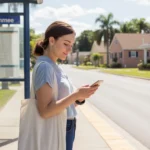 A young woman waiting for the bus on a quiet morning in Kissimmee, Florida