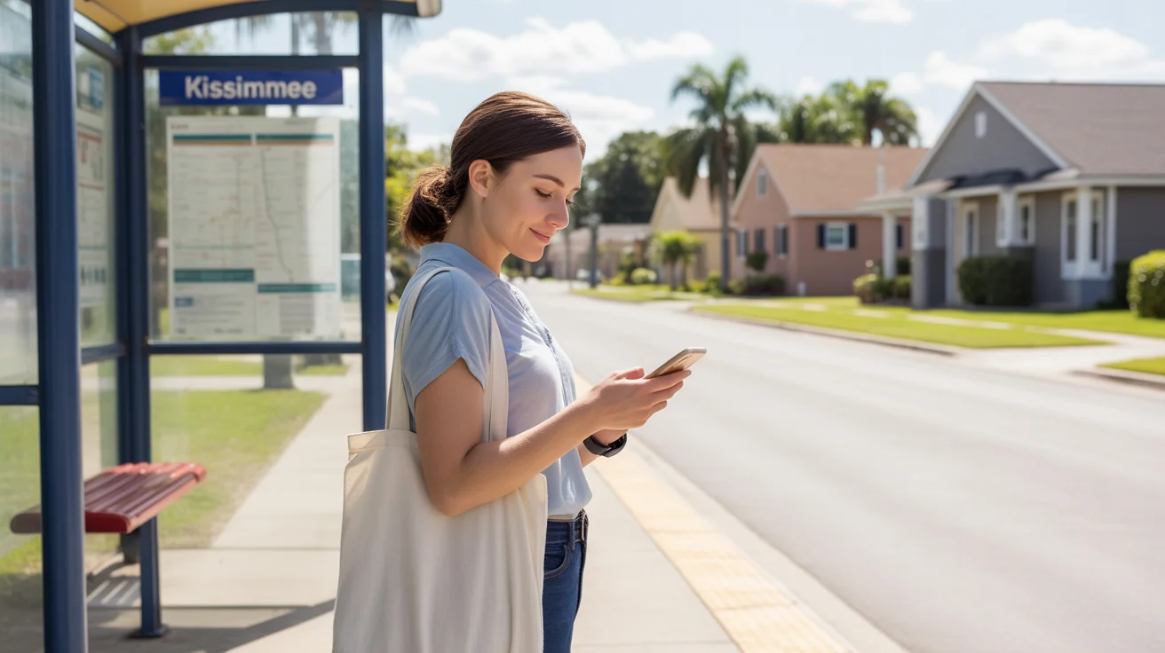 A young woman waiting for the bus on a quiet morning in Kissimmee, Florida