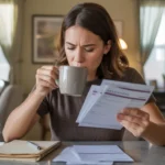 Woman reviewing bills and budgeting at kitchen table in Grand Prairie apartment