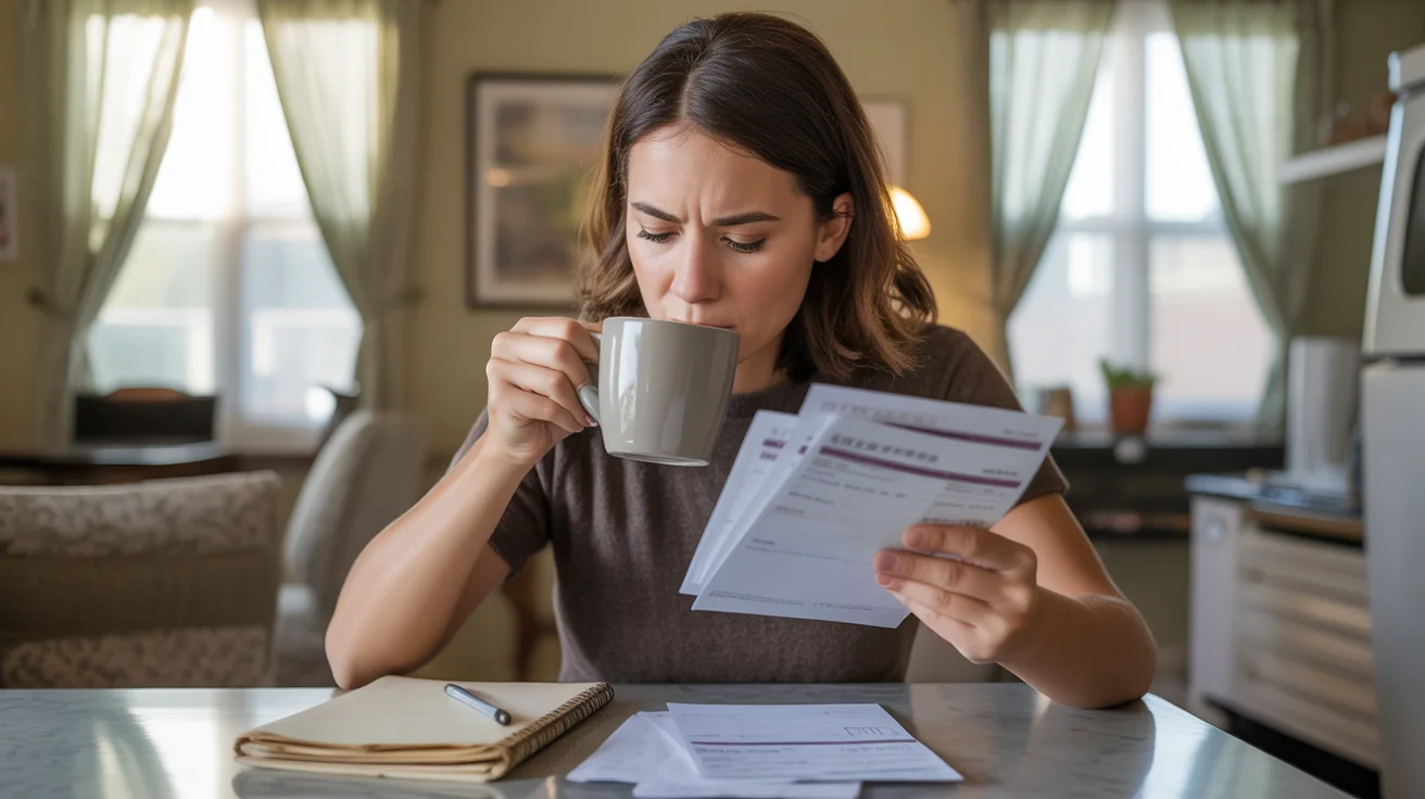 Woman reviewing bills and budgeting at kitchen table in Grand Prairie apartment