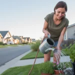 Woman watering potted plants on her porch in Lehi, Utah neighborhood