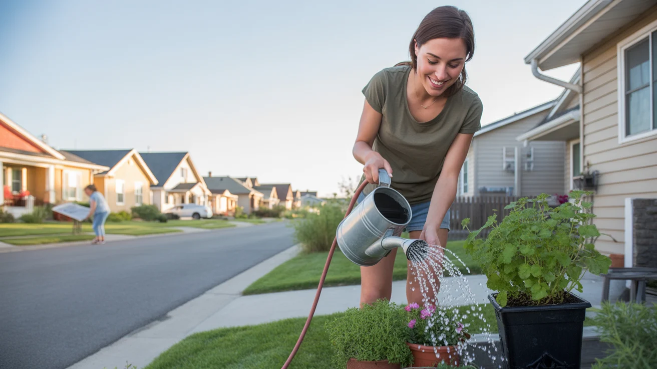 Woman watering potted plants on her porch in Lehi, Utah neighborhood