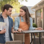 Couple shopping for patio furniture in home improvement store, comparing condo and house options