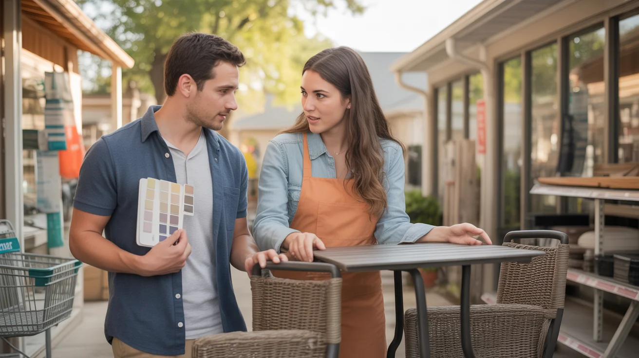 Couple shopping for patio furniture in home improvement store, comparing condo and house options