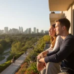 Couple on apartment balcony looking at Irvine city skyline at sunset
