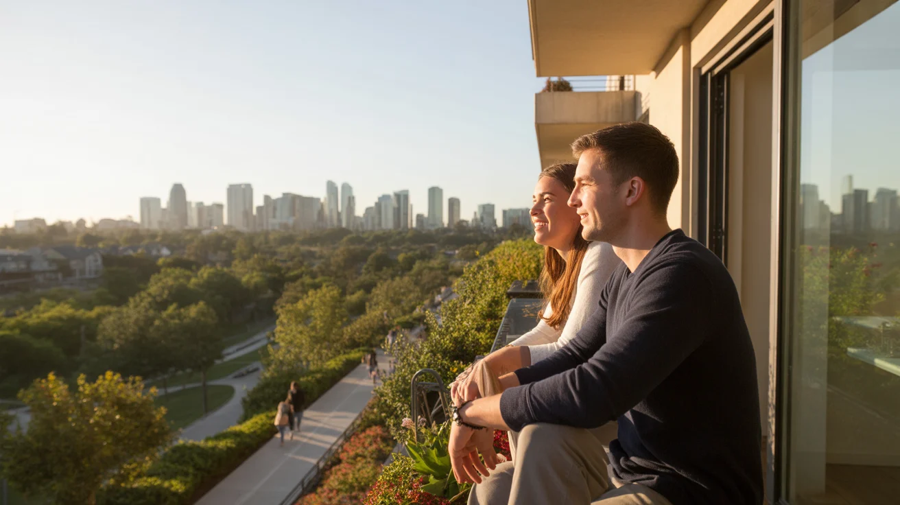 Couple on apartment balcony looking at Irvine city skyline at sunset
