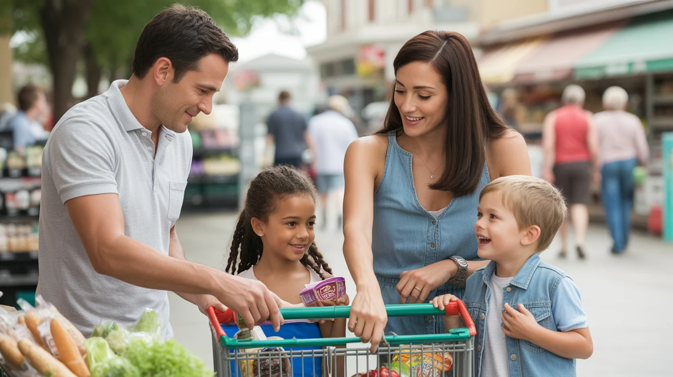 Family of four grocery shopping together in local Riverside store