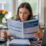 Woman reviewing utility fee updates while budgeting at her kitchen table in Orlando apartment