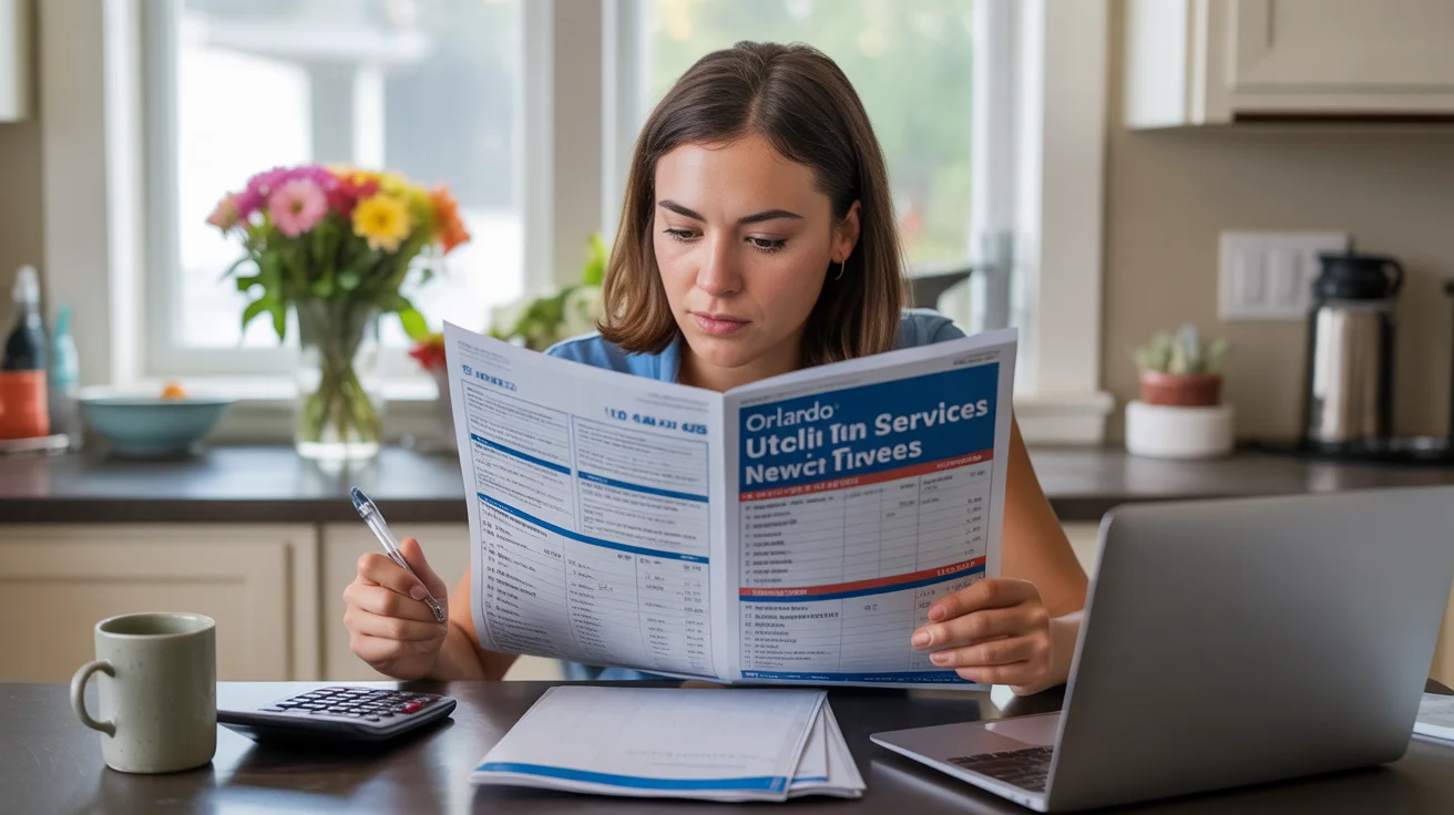 Woman reviewing utility fee updates while budgeting at her kitchen table in Orlando apartment