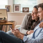 A couple listens to music together on a couch in their Rock Hill living room, with a record player in the corner.