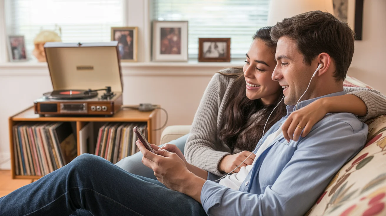 A couple listens to music together on a couch in their Rock Hill living room, with a record player in the corner.
