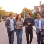 A group of friends walking down a residential street in Centennial, Colorado at sunset.
