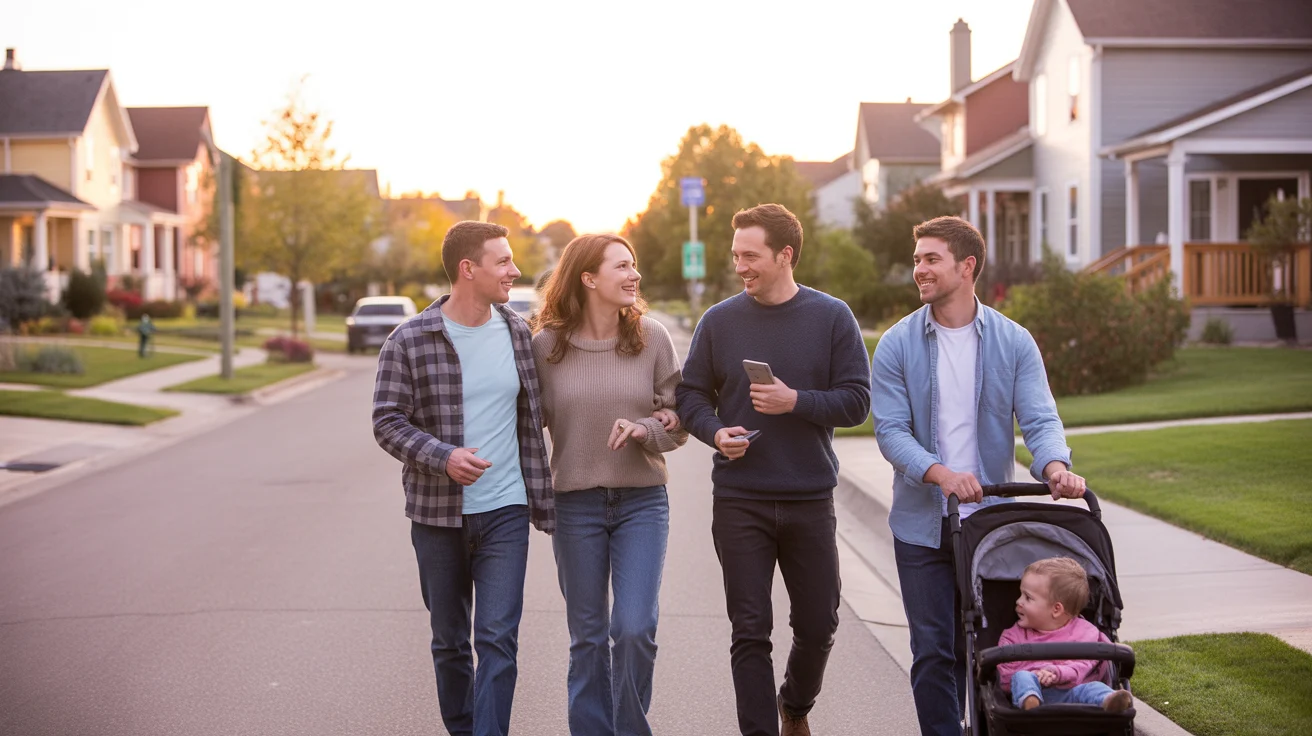 A group of friends walking down a residential street in Centennial, Colorado at sunset.