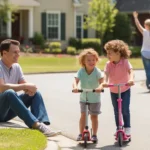Father watches children ride scooters in Marietta cul-de-sac