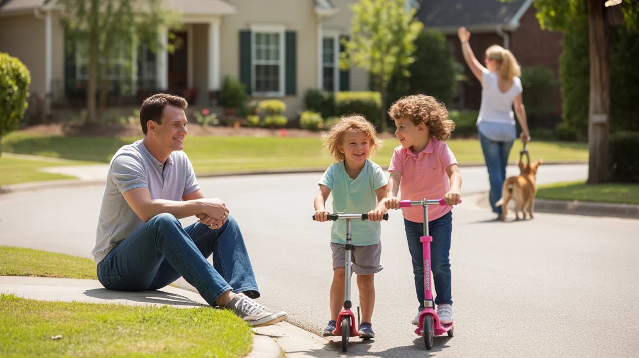 Father watches children ride scooters in Marietta cul-de-sac