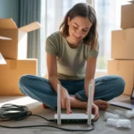 Woman setting up Wi-Fi router in new Durham apartment with moving boxes