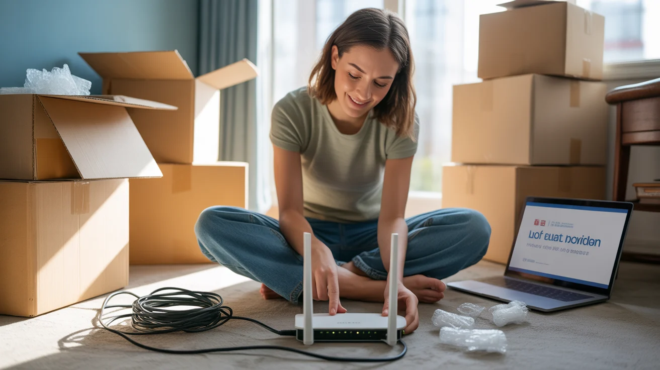 Woman setting up Wi-Fi router in new Durham apartment with moving boxes