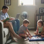 Family relaxing in cool basement den of League City home on hot summer day