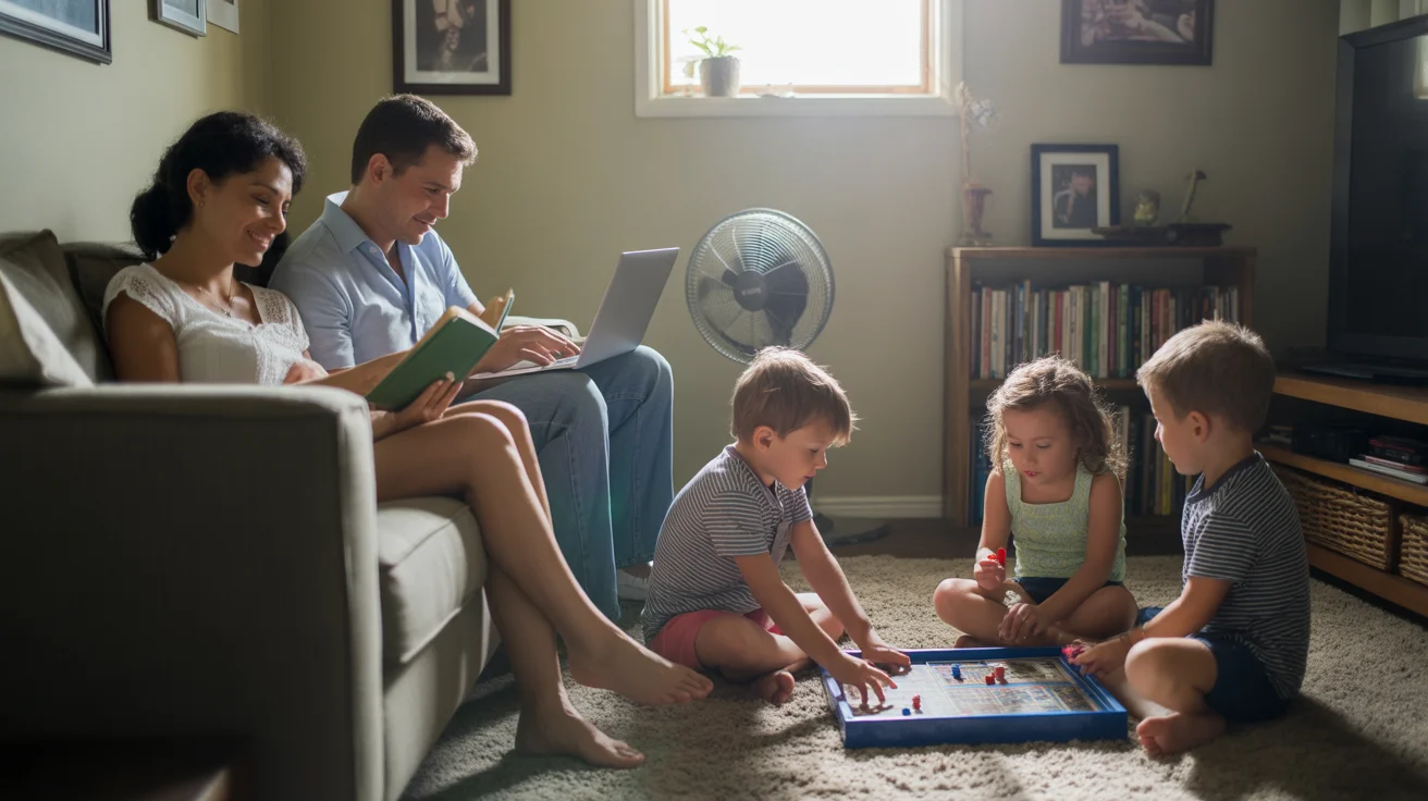 Family relaxing in cool basement den of League City home on hot summer day