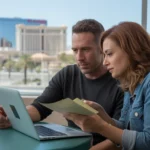 Couple budgeting monthly expenses at cafe in Paradise with view of Las Vegas Strip