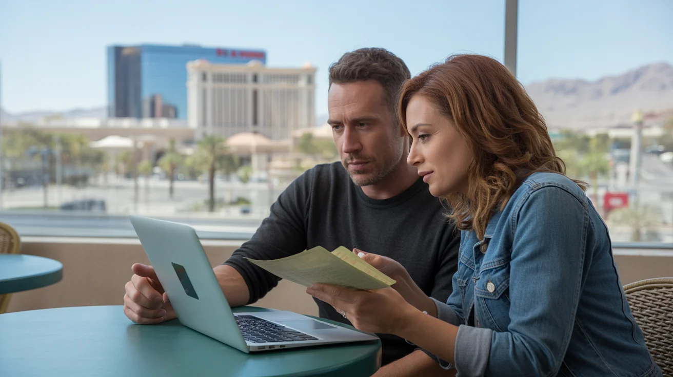 Couple budgeting monthly expenses at cafe in Paradise with view of Las Vegas Strip