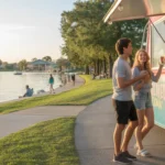 Two friends deciding what to order at a food truck in Clermont, Florida at sunset by Lake Minneola.