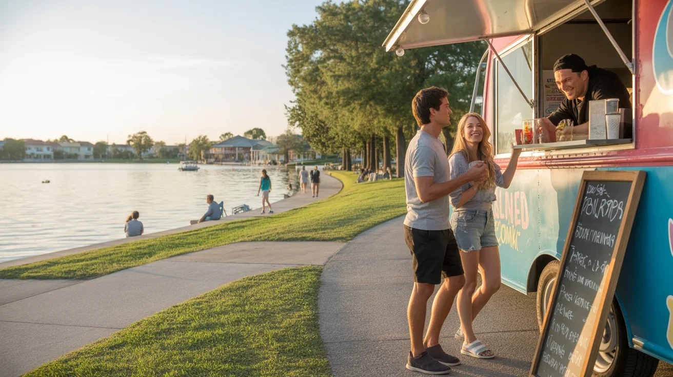Two friends deciding what to order at a food truck in Clermont, Florida at sunset by Lake Minneola.