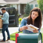 Couple unloading groceries and checking mail outside suburban home in Aurora, Colorado
