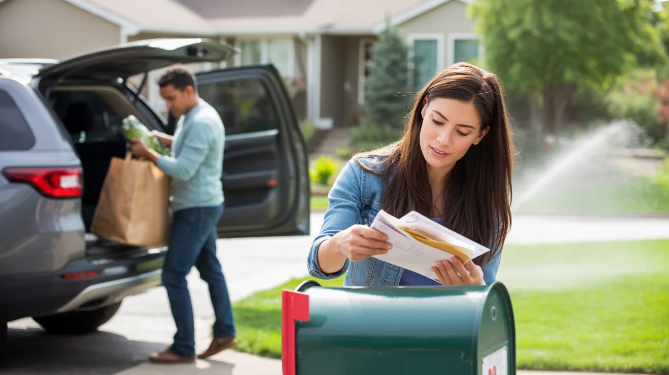 Couple unloading groceries and checking mail outside suburban home in Aurora, Colorado