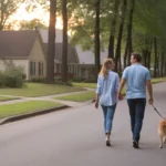 A couple walks their dog on a peaceful street in Douglasville, GA at sunset