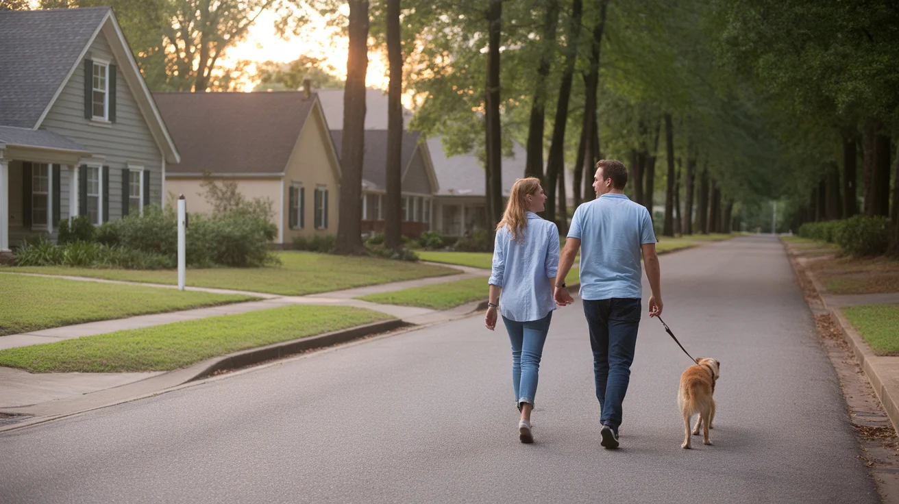 A couple walks their dog on a peaceful street in Douglasville, GA at sunset