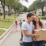 A couple unloads moving boxes in front of their new house in League City, TX
