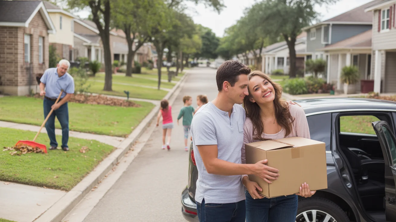 A couple unloads moving boxes in front of their new house in League City, TX