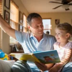 Father and daughter reading together on living room couch on summer afternoon