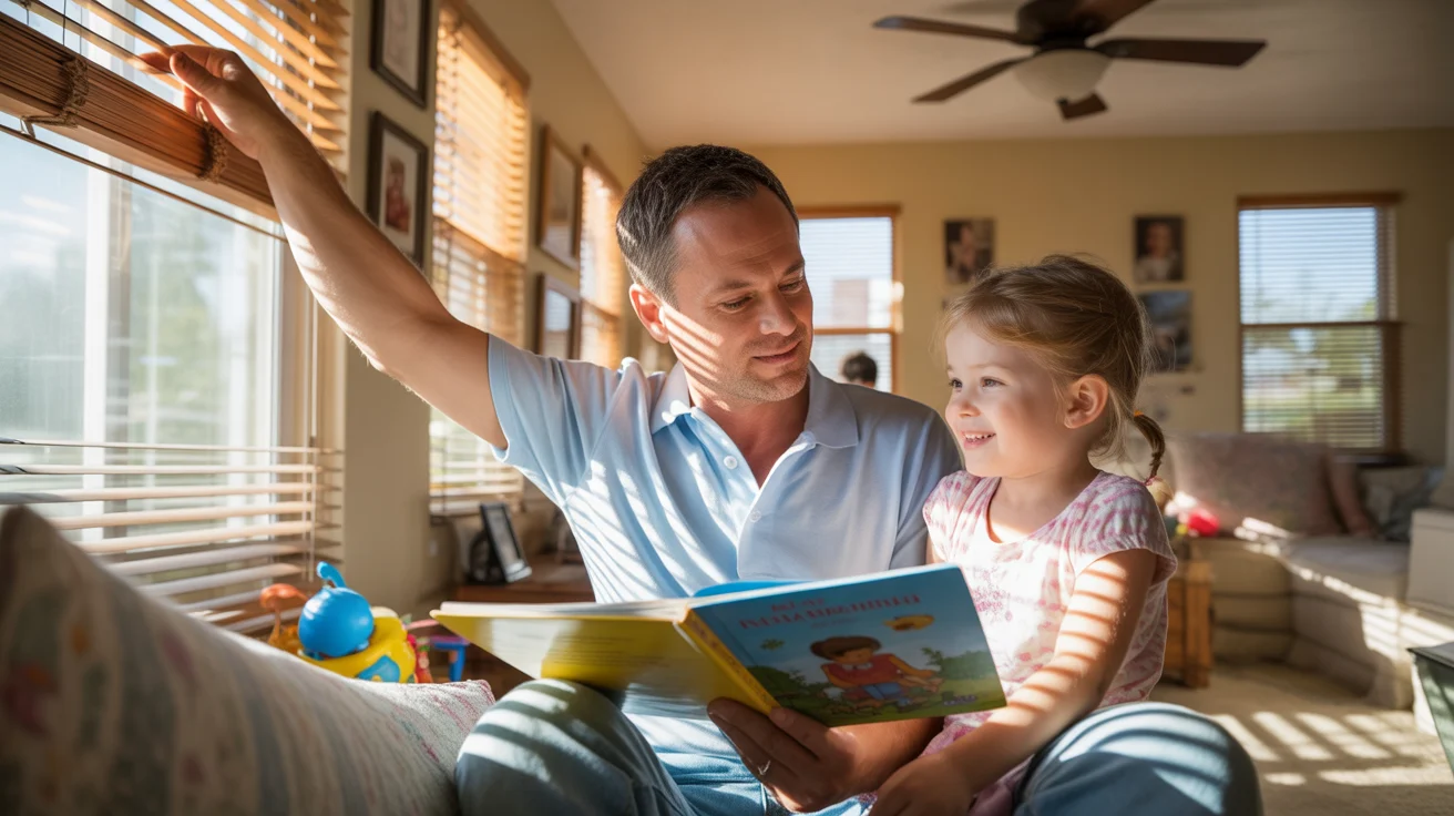 Father and daughter reading together on living room couch on summer afternoon