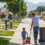 Father and son taking out the trash in a Denver suburb on a sunny day