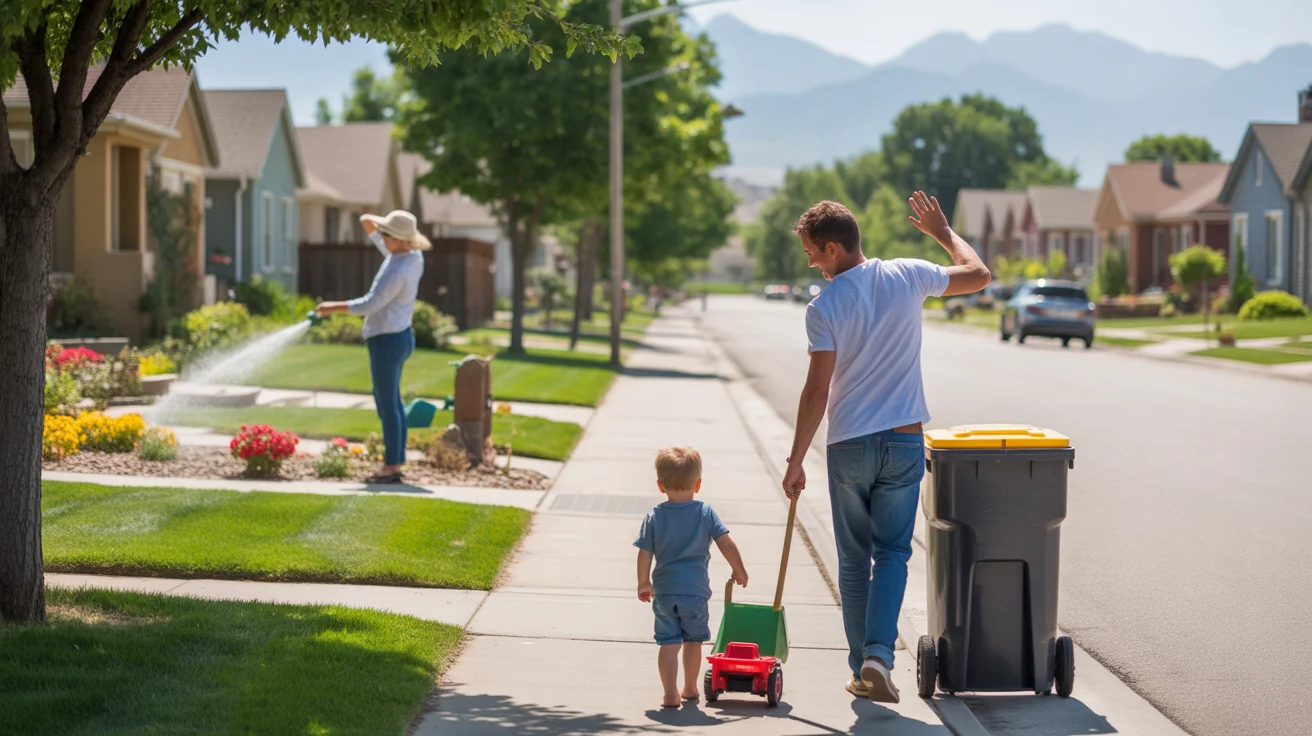 Father and son taking out the trash in a Denver suburb on a sunny day