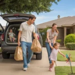 A young family unloads groceries from their SUV outside their modest Garland, Texas home on a sunny afternoon.
